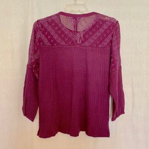 LUCKY BRAND Peasant Top Textured Plum Purple Fabric w/ Eyelet Detail Small